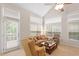 Living room featuring large windows, a ceiling fan and a comfortable sofa set at 12212 Ashton Woods Ln, Raleigh, NC 27614