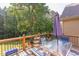 Inviting deck with outdoor seating, a table, and a serene wooded view at 504 Belmont Cir, Wake Forest, NC 27587