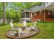 Backyard features a fire pit with Adirondack chairs and views of the home's porch and screened-in patio at 504 S Dixon Ave, Cary, NC 27511