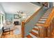 Bright living room showcases beautiful hardwood floors, fireplace, and staircase to the second floor at 504 S Dixon Ave, Cary, NC 27511