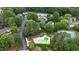 Aesthetic aerial view of community amenities and buildings surrounded by lush trees and greenery at 7719 Kingsberry Ct, Raleigh, NC 27615