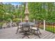 Wooden deck with outdoor dining set and lush green surroundings at 8 Pine Top Pl, Durham, NC 27705