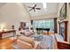 Bright living room with vaulted ceiling, fireplace, piano and open floorplan at 8 Pine Top Pl, Durham, NC 27705
