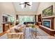 Spacious living room featuring a fireplace, piano, and abundant natural light at 8 Pine Top Pl, Durham, NC 27705
