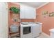Bright laundry room with white washer and dryer, storage, and unique décor at 10210 Governors Drive Dr, Chapel Hill, NC 27517