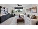 Spacious living room with a plush white sofa, modern furnishings, and large windows offering backyard views at 1049 Coldspring Circle, Durham, NC 27705