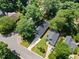 An aerial view shows a neighborhood with mature trees and established homes at 1801 Sagamore Ct, Raleigh, NC 27604