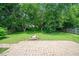 Serene backyard with a stone patio, lush greenery, trees, and a fire pit at 248 Inkster Cv, Raleigh, NC 27603