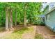 Backyard featuring a brick-lined walkway, mature trees, and the home's exterior at 318 Fieldstone Dr, Burlington, NC 27215