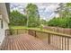 Large wooden deck with railing overlooking the fenced yard and surrounding greenery at 3620 Constellation Dr, Raleigh, NC 27604