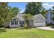 Inviting one-story house with gray siding, well-maintained lawn, mature trees and a two-car garage at 6 Danesfield Ct, Durham, NC 27707