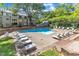 Relaxing community pool area with plenty of seating, lush landscaping, and well maintained exterior at 700 Bishops Park Dr # 302, Raleigh, NC 27605