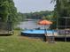 Backyard above ground pool overlooking serene lake with lush trees providing privacy at 7483 Danford Rd, Burlington, NC 27215