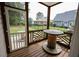 Covered porch featuring wooden spool tables and a view of the backyard at 10 London Way, Spring Lake, NC 28390