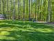 Spacious backyard with a lush lawn, tree house, trampoline, and mature trees providing privacy at 1218 Rogers Farm Rd, Wake Forest, NC 27587
