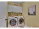 This laundry room has lots of storage space, a front-loading washer and dryer, and a decorative rug at 137 Cofield Cir, Durham, NC 27707