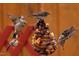 Four birds eat seeds from a decorative feeder. Birdwatching and nature photography at its finest! at 182 Brendamoore Ct, Fuquay Varina, NC 27526