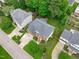 Overhead shot of well-maintained homes, manicured lawns, and lush landscaping in a peaceful neighborhood at 2003 Red Sage Ct, Apex, NC 27502
