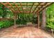 Tranquil pergola seating area with brick pavers surrounded by lush landscaping and mature trees at 2003 Red Sage Ct, Apex, NC 27502