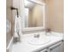 A well-lit bathroom with a white vanity, mirror, and decorative flowers at 313 Weeping Willow Dr, Durham, NC 27704