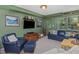 Comfortable living room with blue furniture and a large television at 4112 Rowan St, Raleigh, NC 27609