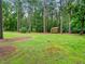 A spacious green yard features tall trees and an outbuilding, great for enjoying the outdoors at 635 Buckroe Dr, Sanford, NC 27330