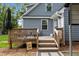 Back of home featuring a cozy wood deck with table and chairs to enjoy the outdoors at 1052 Hughes Trl, Elon, NC 27244