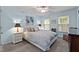 Bedroom showcasing blue walls, carpet, ceiling fan and many windows at 118 Cavendish Ct, Hillsborough, NC 27278
