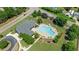 Overhead view of the neighborhood community pool, surrounded by landscaping and furniture at 240 Paddy Ln, Youngsville, NC 27596