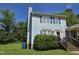 Charming blue two-story home with yellow trim, blue shutters, brick steps, and green landscaping at 3510 Rawdon Dr, Durham, NC 27713