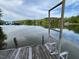 View from a wooden pier with a ladder and a lake with trees in the background at 358 Pool Rock Shores Ln, Henderson, NC 27537