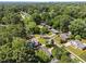 Aerial shot of homes nestled among lush trees with city skyline in the background at 3620 Arrowwood Dr, Raleigh, NC 27604