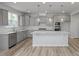Modern kitchen features gray cabinets, stainless steel appliances, a white island and hardwood flooring at 412 Longleaf Glen Lane, Zebulon, NC 27597