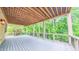 A spacious covered deck with a wooden ceiling overlooks a private backyard surrounded by lush trees at 98102 Drummond, Chapel Hill, NC 27517