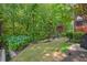 Private backyard features lush landscaping with hydrangeas and a seating area, perfect for relaxing and entertaining at 1008 Justice Walk Ave, Morrisville, NC 27560