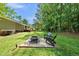 Landscaped backyard featuring a patio with Adirondack chairs and a fire pit at 105 Choyce Ct, Garner, NC 27529