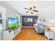 Comfortable living room with hardwood floors, contemporary decor and a gray sofa at 105 Choyce Ct, Garner, NC 27529