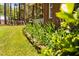 Eye-level view of lush garden with brick house in the background at 108 Cedarwood Dr, Louisburg, NC 27549