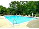 Resort-style pool and deck surrounded by mature trees and shade at 114 Constitution Dr, Durham, NC 27705