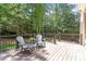 Relaxing wooden deck with outdoor seating surrounded by lush greenery and mature trees at 117 Arborhill Ln, Holly Springs, NC 27540