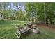 Backyard showing fire pit area with chairs and lush green landscaping at 1211 New Grissom Way, Wake Forest, NC 27587