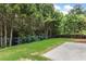 Beautiful backyard featuring a well maintained lawn, bordering trees and a sleek black fence at 213 Florence Dr, Clayton, NC 27527