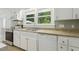 Kitchen features stainless steel appliances, white cabinetry and view to green backyard at 418 S West St, Cary, NC 27511
