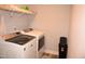 Functional laundry room with a washer, dryer, wire shelf, and trash can at 474 Ashpole Trl, Clayton, NC 27520