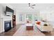 Spacious living room showcasing a cozy fireplace, hardwood floors and stylish decor for comfortable living at 7801 Charters End St, Willow Springs, NC 27592