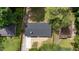 An aerial view of a well-maintained roof and a yard with mature trees offering shade at 908 W Garden St, Sanford, NC 27330