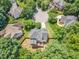 Aerial view showcasing backyard, mature trees and the privacy provided by the wooden fence at 1001 Dairy House Ct, Wake Forest, NC 27587