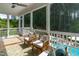 Screened-in back porch with outdoor furniture and pool view at 113 Hidden Bluff Dr, Chapel Hill, NC 27517