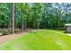 Picturesque backyard with a shed, lush lawn, and mature trees offering shade and privacy at 11817 Coachmans Way, Raleigh, NC 27614
