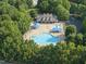 Aerial view of a community pool surrounded by lush trees and ample seating at 12505 Garden Tree Ln, Raleigh, NC 27614